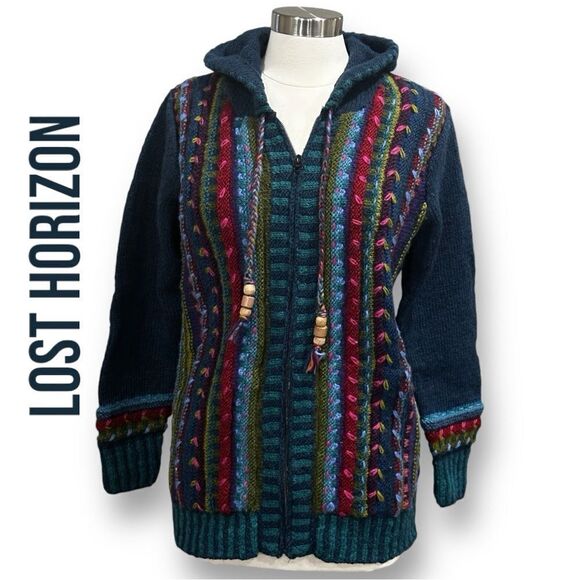 LOST HORIZON Women’s Rainbow Hooded Hand Knit & Embroidered Zip Front Cardigan - Picture 1 of 13